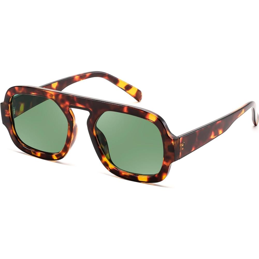 image:imageFEISEDY Retro Square Aviator Sunglasses Women Men 70s Vintage Trendy Plastic Frame Sun Glasses B4158TortoiseGreen