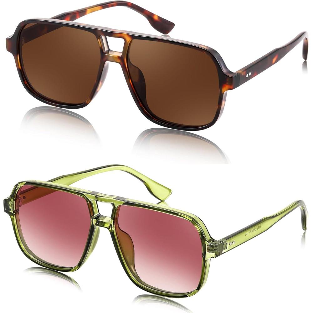 image:imageFEISEDY Retro Square Aviator Sunglasses Women Men 70s Vintage Trendy Plastic Frame Sun Glasses B4158Transparent Green  Tortoise