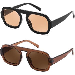 FEISEDY Retro Square Aviator Sunglasses Women Men 70s Vintage Trendy Plastic Frame Sun Glasses B4158((2 Pack) Black/Champage & Brown)