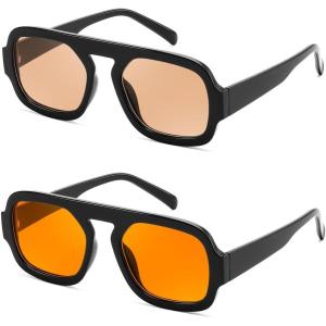 FEISEDY Retro Square Aviator Sunglasses Women Men 70s Vintage Trendy Plastic Frame Sun Glasses B4158((2 Pack) Black/Champage & Yellow)