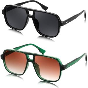 FEISEDY Retro Square Aviator Sunglasses Women Men 70s Vintage Trendy Plastic Frame Sun Glasses B4158(Black & Green)