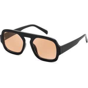 FEISEDY Retro Square Aviator Sunglasses Women Men 70s Vintage Trendy Plastic Frame Sun Glasses B4158(Black/Champage)