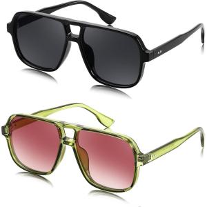 FEISEDY Retro Square Aviator Sunglasses Women Men 70s Vintage Trendy Plastic Frame Sun Glasses B4158(Transparent Green & Black)