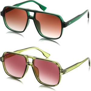 FEISEDY Retro Square Aviator Sunglasses Women Men 70s Vintage Trendy Plastic Frame Sun Glasses B4158(Transparent Green & Green)