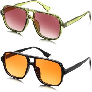 FEISEDY Retro Square Aviator Sunglasses Women Men 70s Vintage Trendy Plastic Frame Sun Glasses B4158(Transparent Green & Orange)