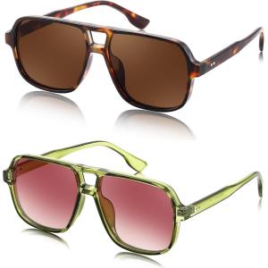 FEISEDY Retro Square Aviator Sunglasses Women Men 70s Vintage Trendy Plastic Frame Sun Glasses B4158(Transparent Green & Tortoise)