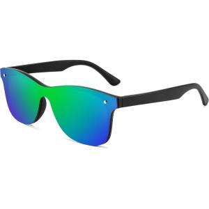 FEISEDY Trendy Rimless Mirrored One Piece Lens Sunglasses Reflective Sun Glasses B4155(Black Frame/Green Mirror Lens)