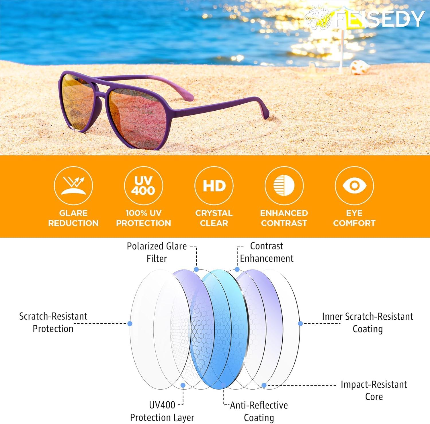 image:imageFEISEDY Polarized Aviator Sunglasses for Men Women Trendy Classic Sports Driving Outdoor TAC Lens UV400 Eyewears B0324B PurplepurpleGreen 002f2