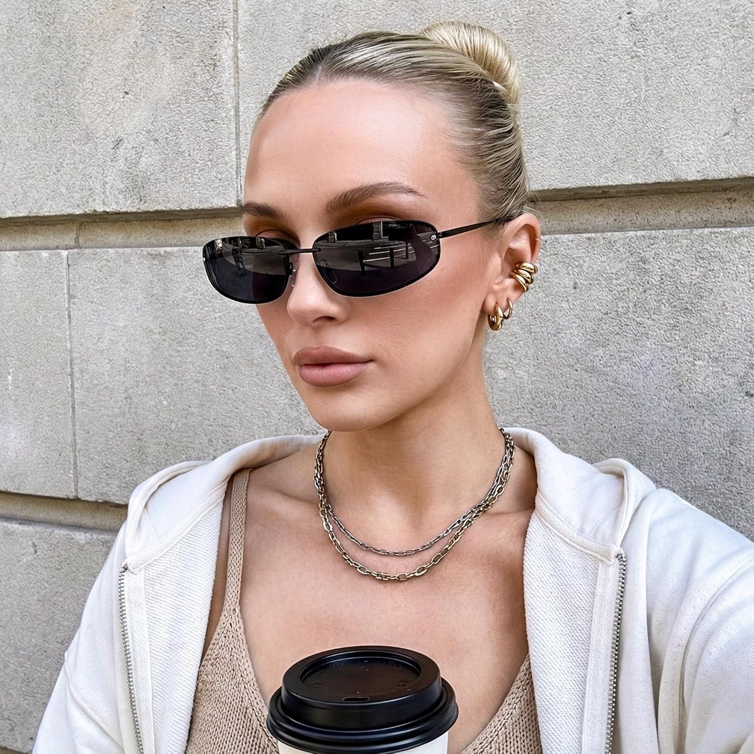 image:imageFEISEDY Trendy Y2K Sunglasses for Women Cool Futuristic Retro Metal Style Glasses B4194BlackGrey