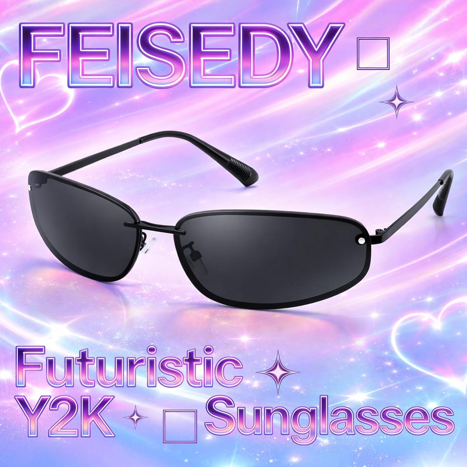 image:imageFEISEDY Trendy Y2K Sunglasses for Women Cool Futuristic Retro Metal Style Glasses B4194BlackGrey
