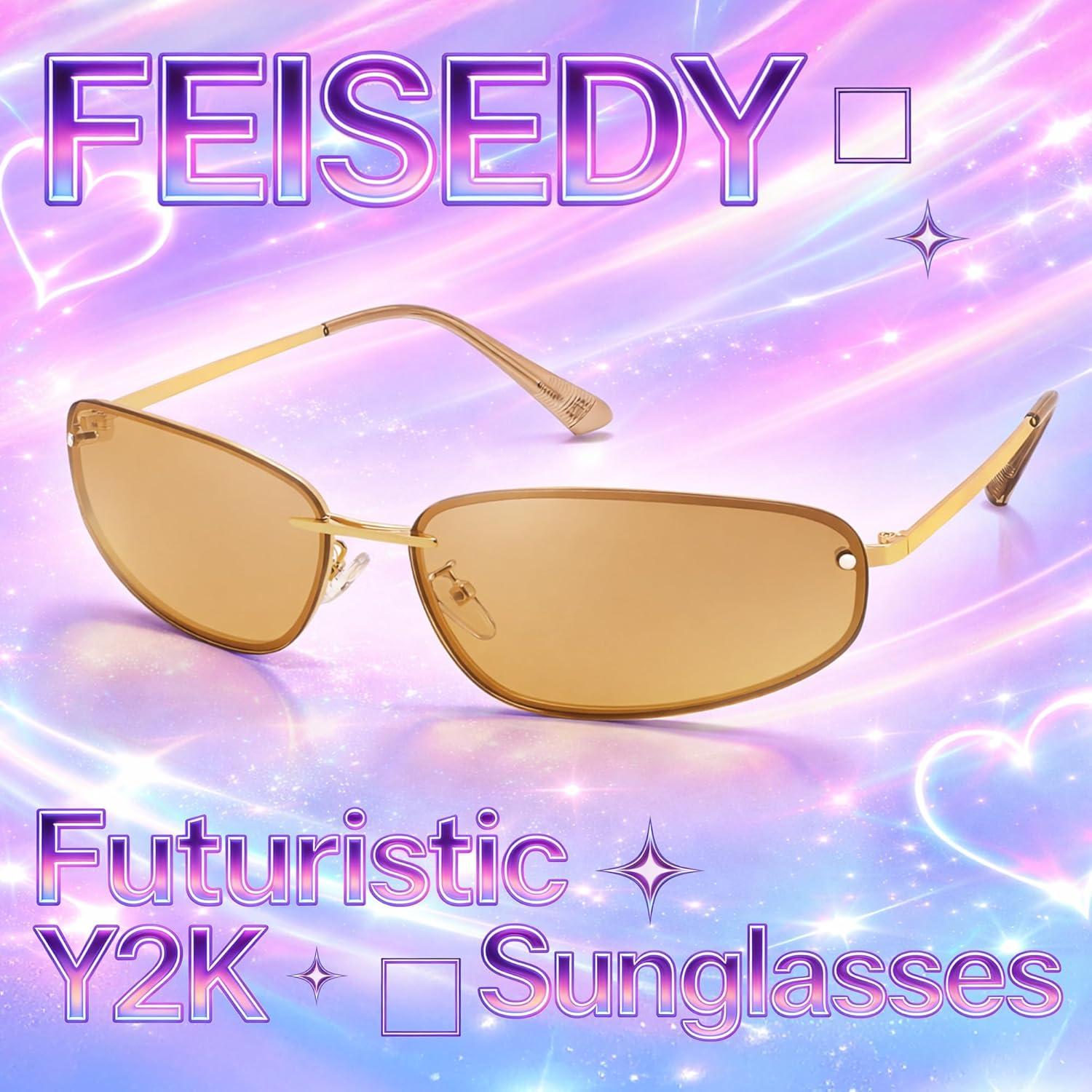 image:imageFEISEDY Trendy Y2K Sunglasses for Women Cool Futuristic Retro Metal Style Glasses B4194GoldClear Brown