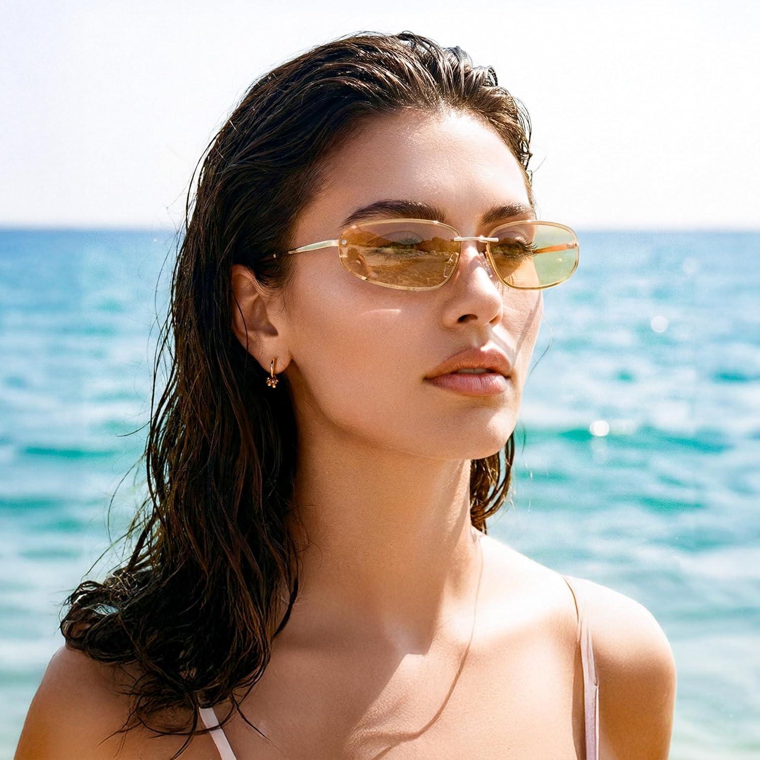 image:imageFEISEDY Trendy Y2K Sunglasses for Women Cool Futuristic Retro Metal Style Glasses B4194GoldClear Brown