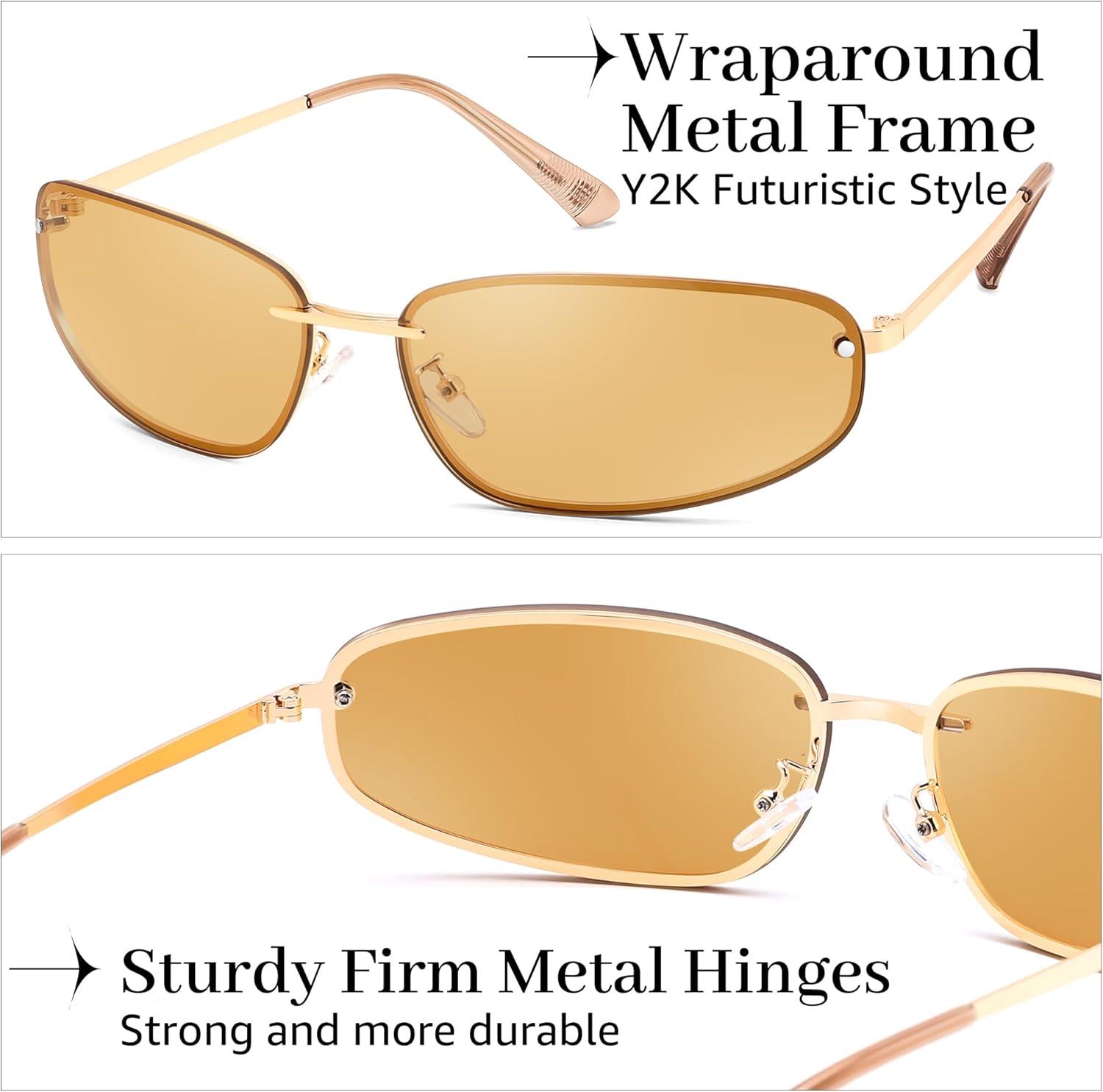image:imageFEISEDY Trendy Y2K Sunglasses for Women Cool Futuristic Retro Metal Style Glasses B4194GoldClear Brown