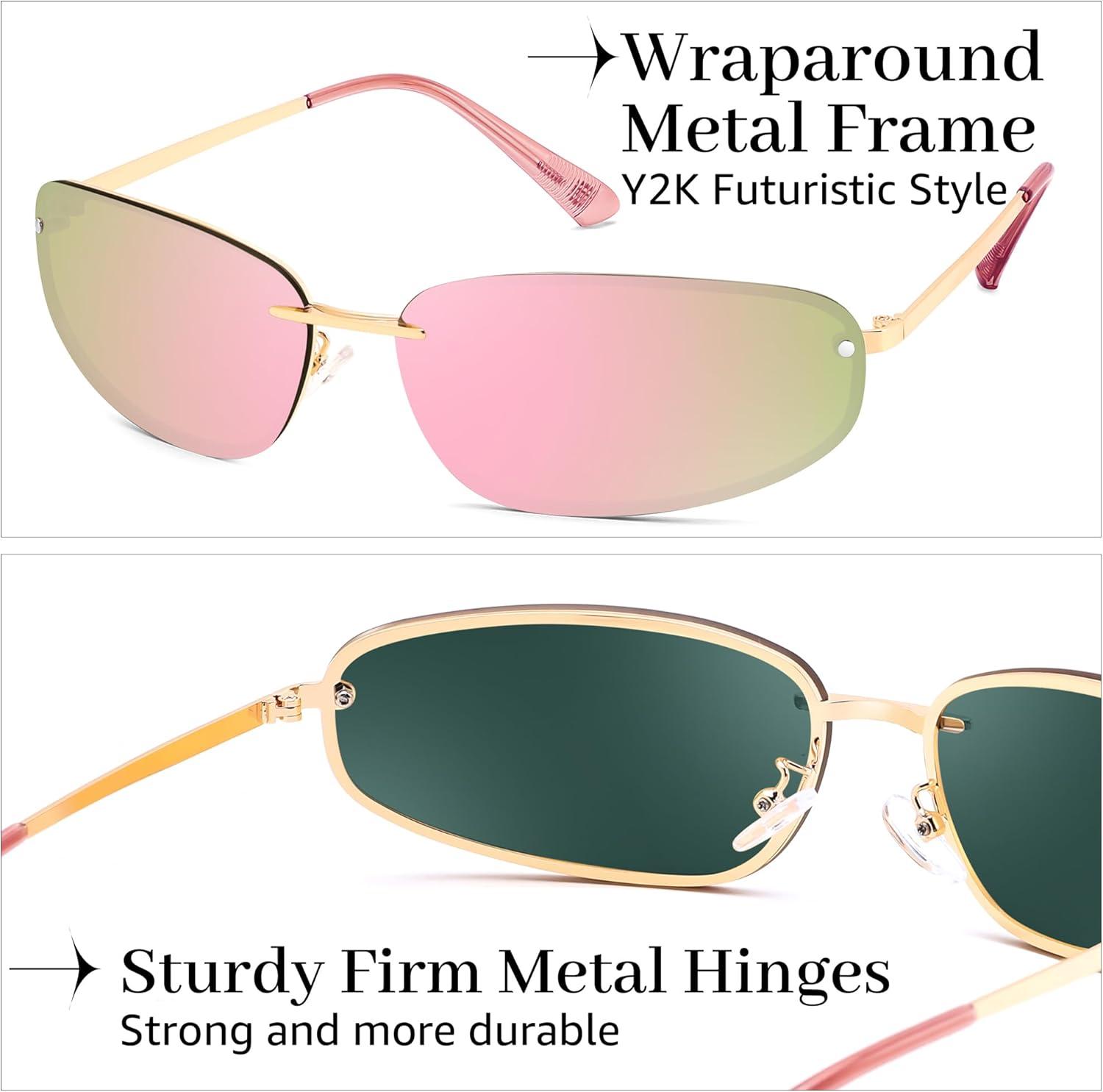 image:imageFEISEDY Trendy Y2K Sunglasses for Women Cool Futuristic Retro Metal Style Glasses B4194GoldPink Mirror