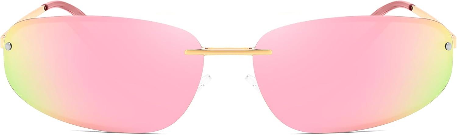 image:imageFEISEDY Trendy Y2K Sunglasses for Women Cool Futuristic Retro Metal Style Glasses B4194GoldPink Mirror