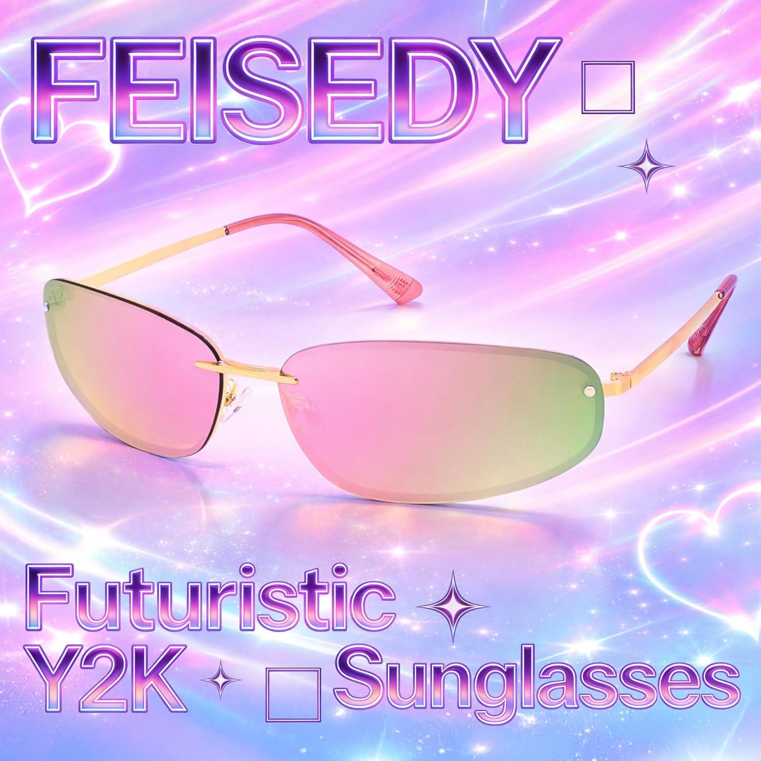 image:imageFEISEDY Trendy Y2K Sunglasses for Women Cool Futuristic Retro Metal Style Glasses B4194GoldPink Mirror