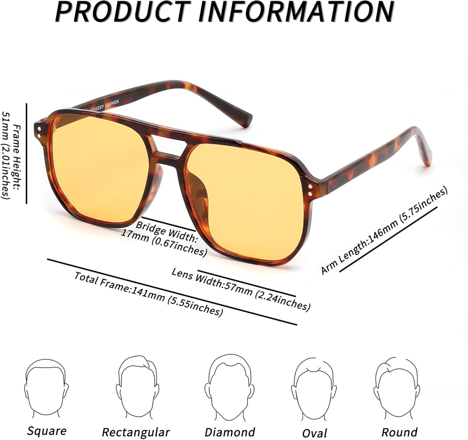 image:imageFEISEDY Retro Square Aviator Sunglasses Women Men 70s Vintage Trendy Plastic Frame Sun Glasses B2835032 Tortoise FrameYellow Lens
