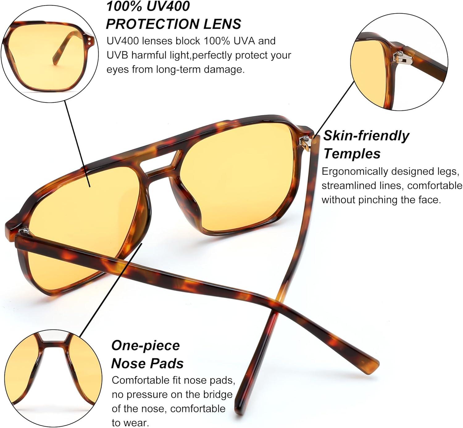 image:imageFEISEDY Retro Square Aviator Sunglasses Women Men 70s Vintage Trendy Plastic Frame Sun Glasses B2835032 Tortoise FrameYellow Lens