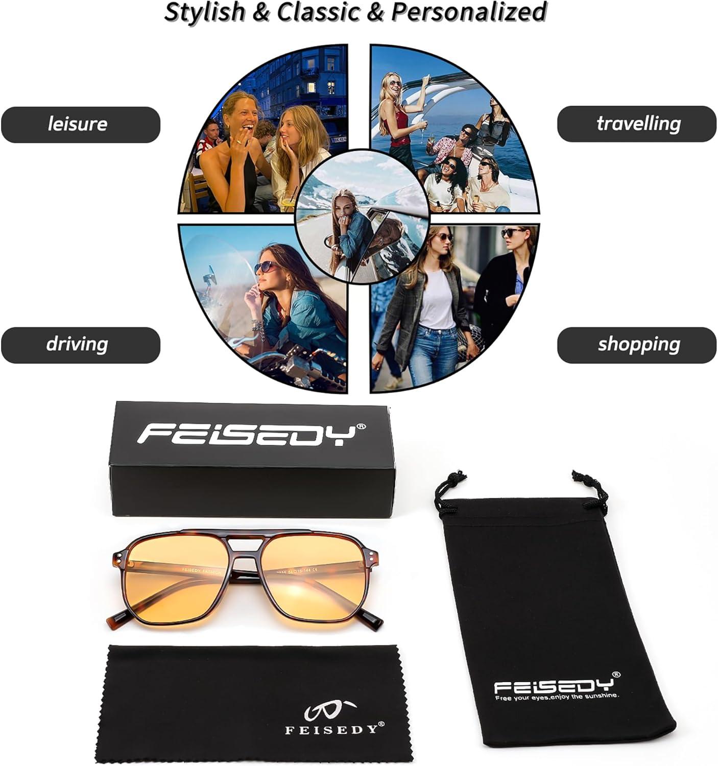 image:imageFEISEDY Retro Square Aviator Sunglasses Women Men 70s Vintage Trendy Plastic Frame Sun Glasses B2835032 Tortoise FrameYellow Lens