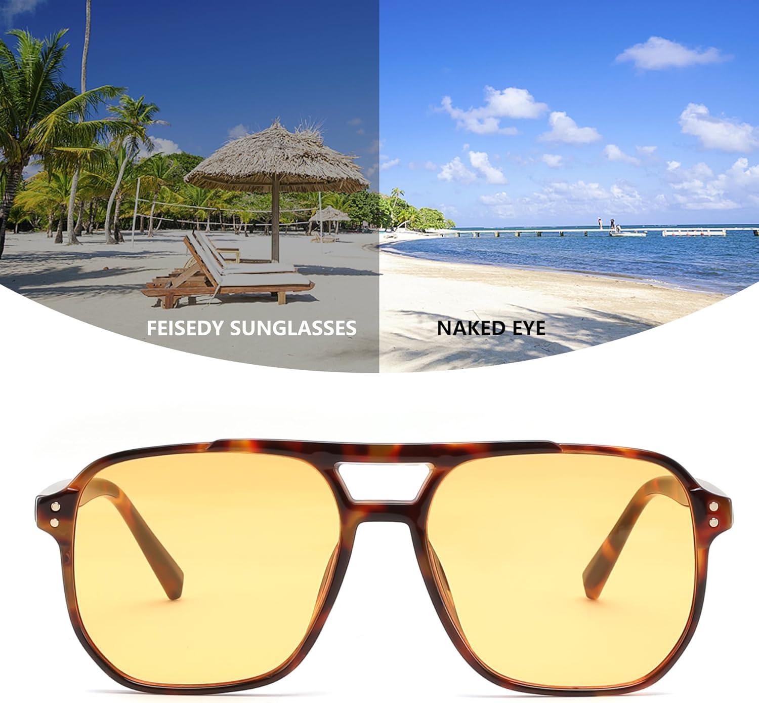 image:imageFEISEDY Retro Square Aviator Sunglasses Women Men 70s Vintage Trendy Plastic Frame Sun Glasses B2835032 Tortoise FrameYellow Lens