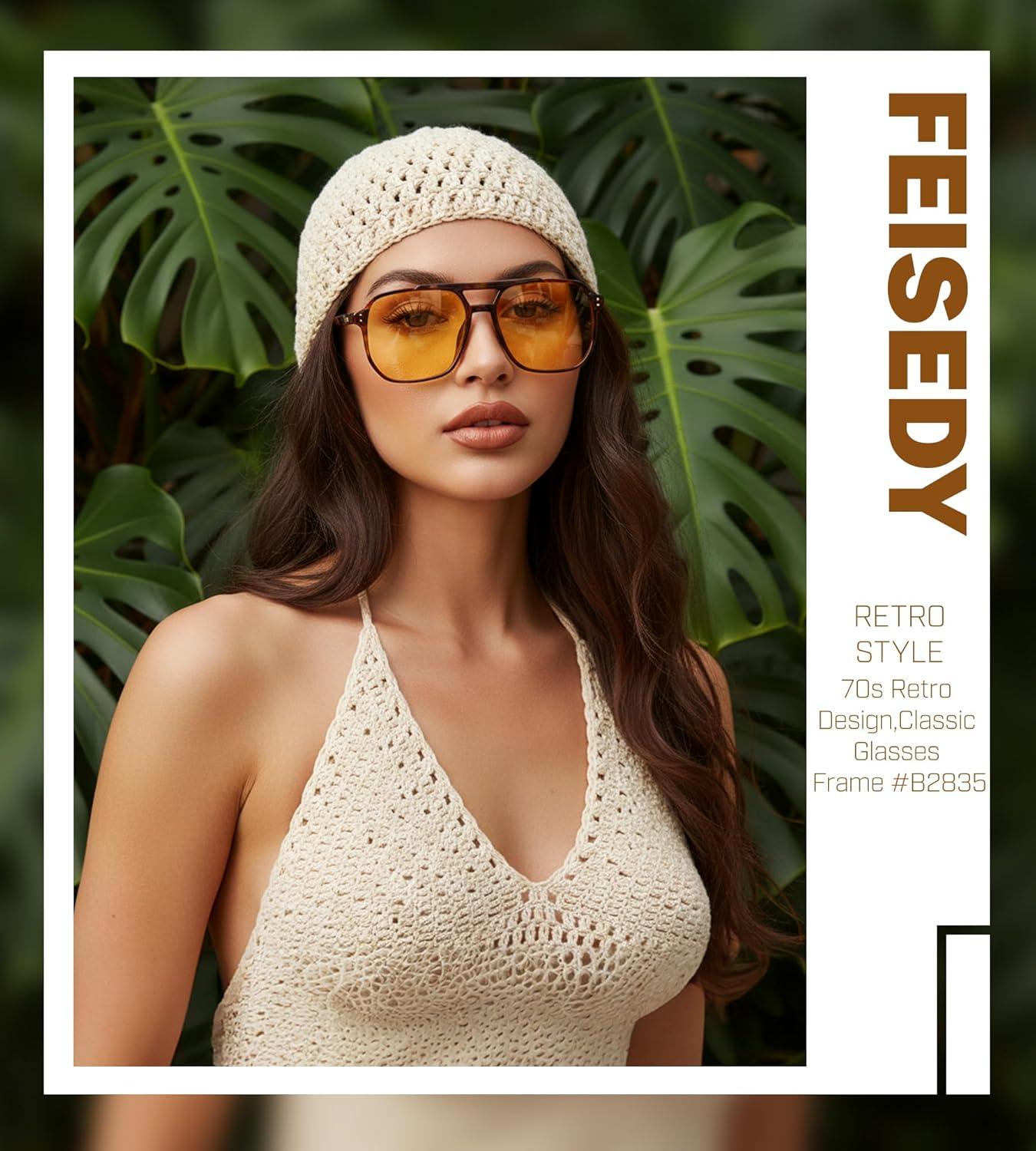 image:imageFEISEDY Retro Square Aviator Sunglasses Women Men 70s Vintage Trendy Plastic Frame Sun Glasses B2835032 Tortoise FrameYellow Lens