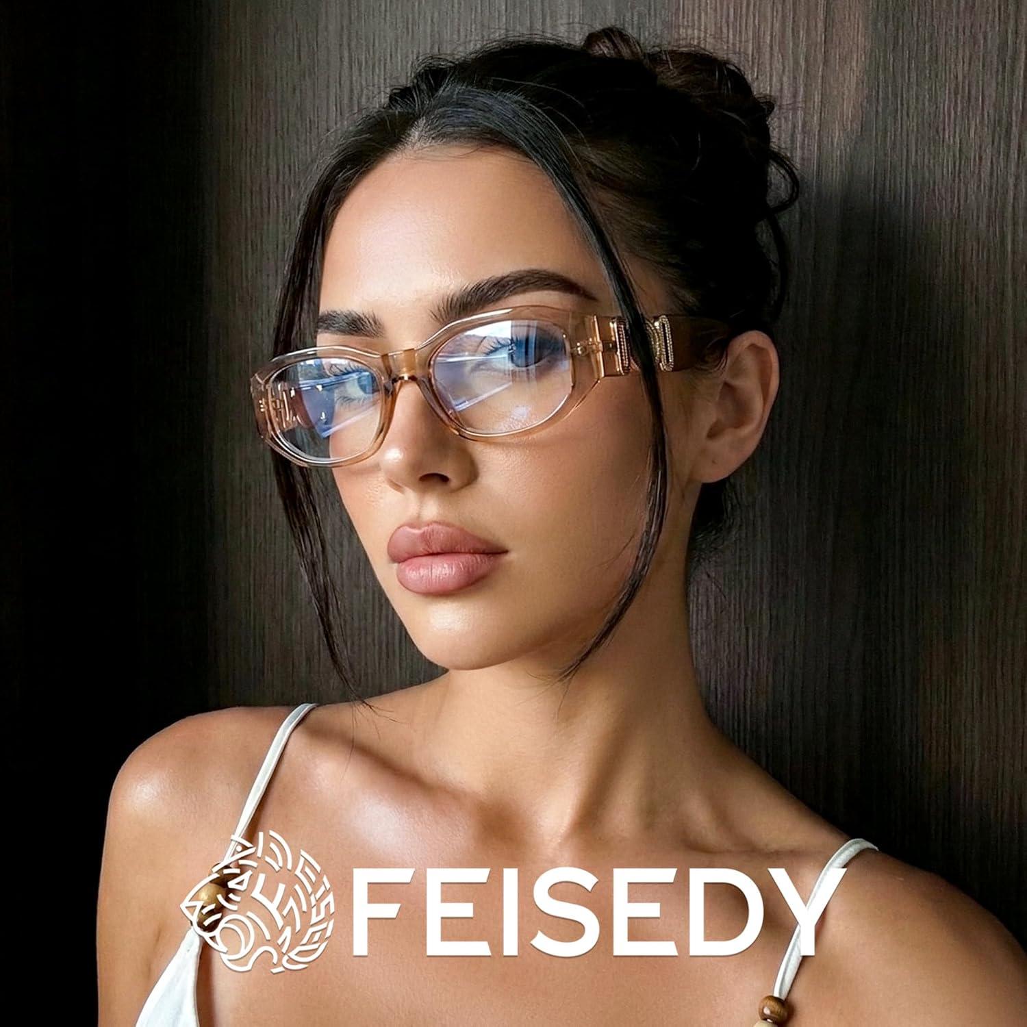 image:imageFEISEDY Trendy Blue Light Reading Glasses for Women and Men Vintage 90s AntiGlare Readers B0317Champagne