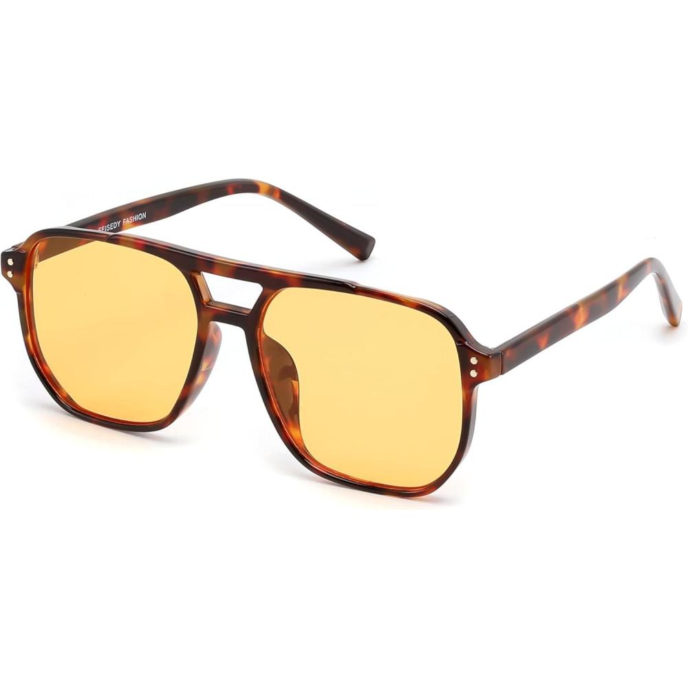 image:imageFEISEDY Retro Square Aviator Sunglasses Women Men 70s Vintage Trendy Plastic Frame Sun Glasses B2835032 Tortoise FrameYellow Lens