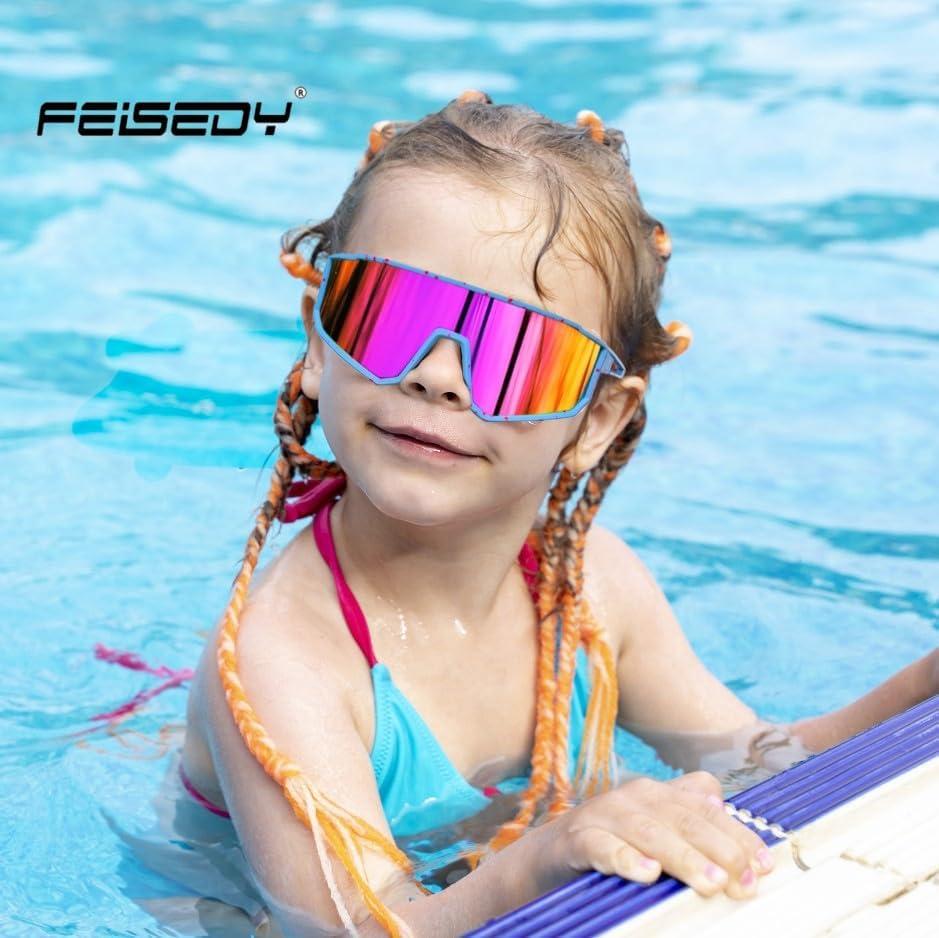 image:imageFEISEDY Kids Sunglasses Polarized Youth Baseball Sunglasses Sports Cycling Glasses UV400 for Boys Girls B4163Blue Pink FramePink Mirrored Lens