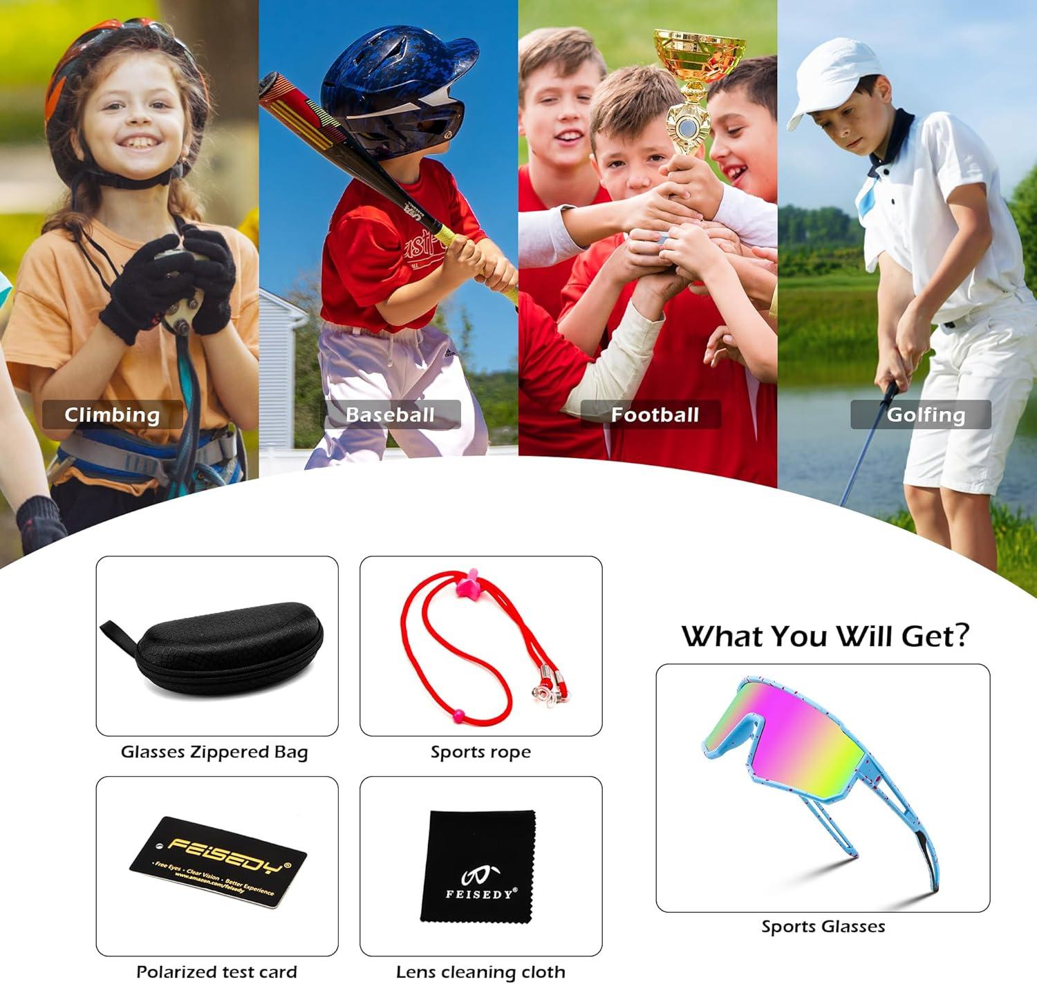 image:imageFEISEDY Kids Sunglasses Polarized Youth Baseball Sunglasses Sports Cycling Glasses UV400 for Boys Girls B4163Blue Pink FramePink Mirrored Lens