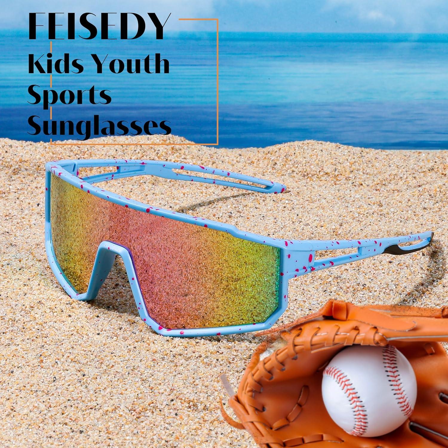 image:imageFEISEDY Kids Sunglasses Polarized Youth Baseball Sunglasses Sports Cycling Glasses UV400 for Boys Girls B4163Blue Pink FramePink Mirrored Lens
