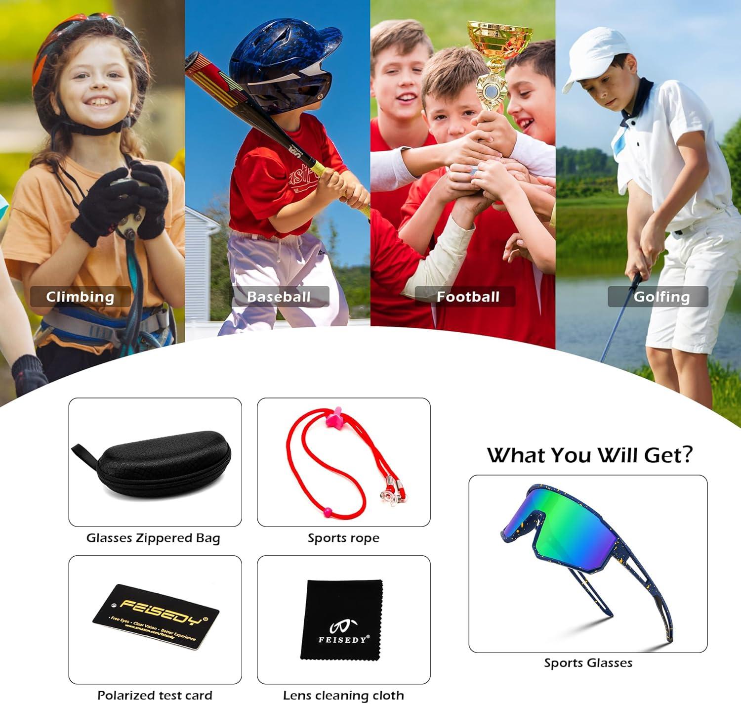 image:imageFEISEDY Kids Sunglasses Polarized Youth Baseball Sunglasses Sports Cycling Glasses UV400 for Boys Girls B4163Blue Yellow FrameGreen Mirrored Lens