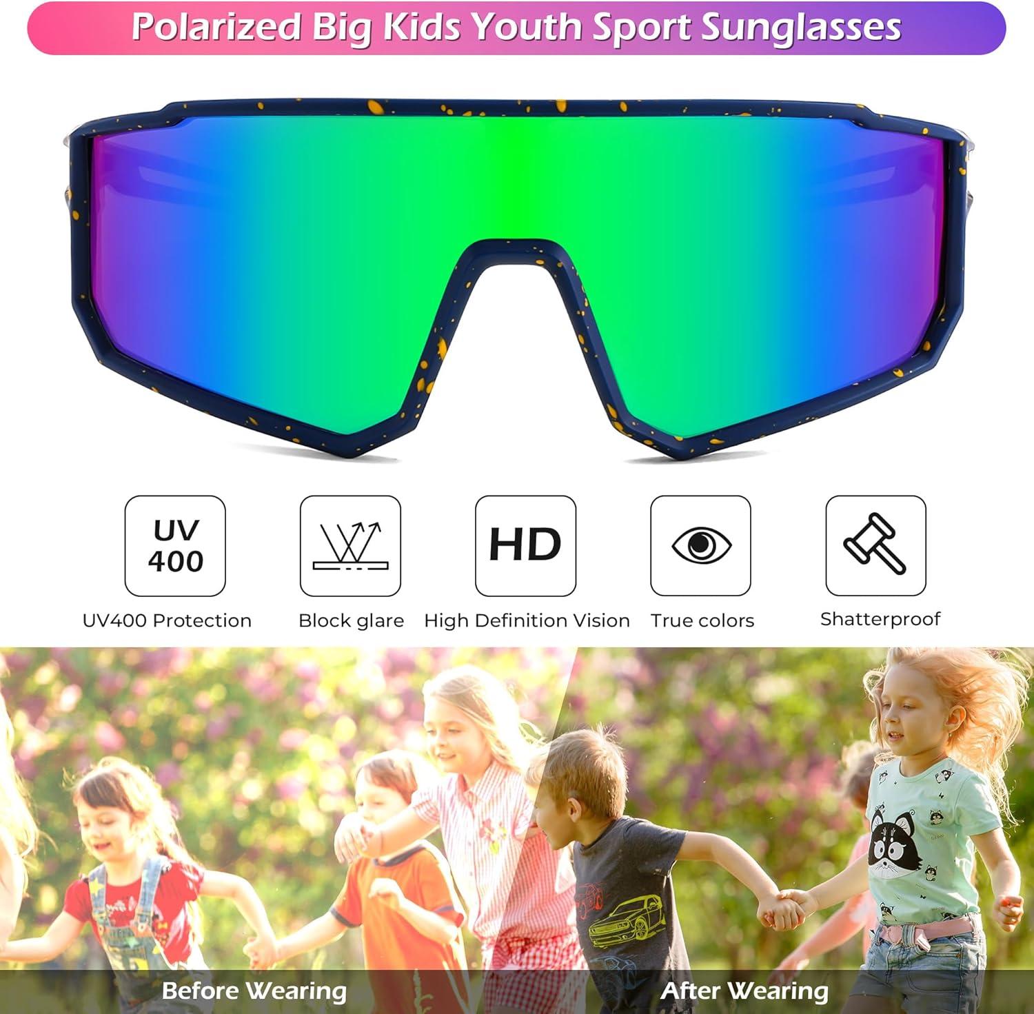 image:imageFEISEDY Kids Sunglasses Polarized Youth Baseball Sunglasses Sports Cycling Glasses UV400 for Boys Girls B4163Blue Yellow FrameGreen Mirrored Lens