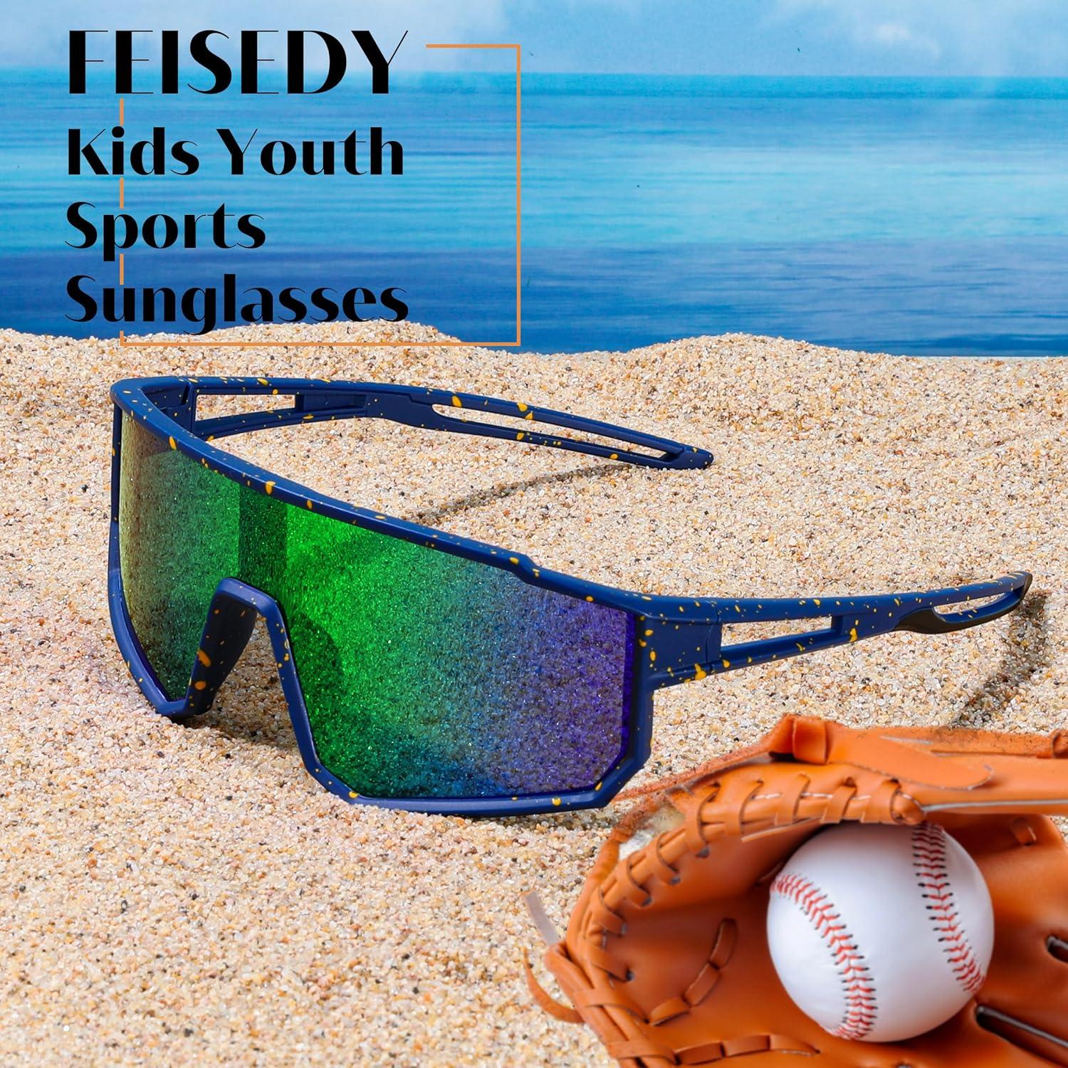 image:imageFEISEDY Kids Sunglasses Polarized Youth Baseball Sunglasses Sports Cycling Glasses UV400 for Boys Girls B4163Blue Yellow FrameGreen Mirrored Lens