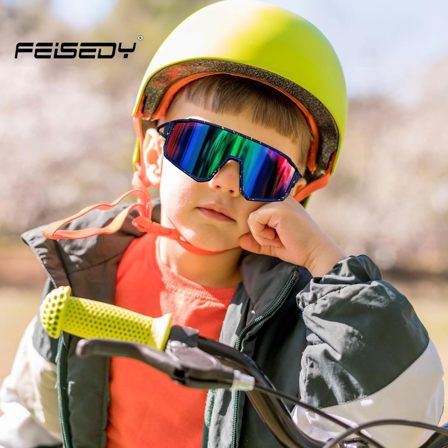 image:imageFEISEDY Kids Sunglasses Polarized Youth Baseball Sunglasses Sports Cycling Glasses UV400 for Boys Girls B4163Blue Yellow FrameGreen Mirrored Lens