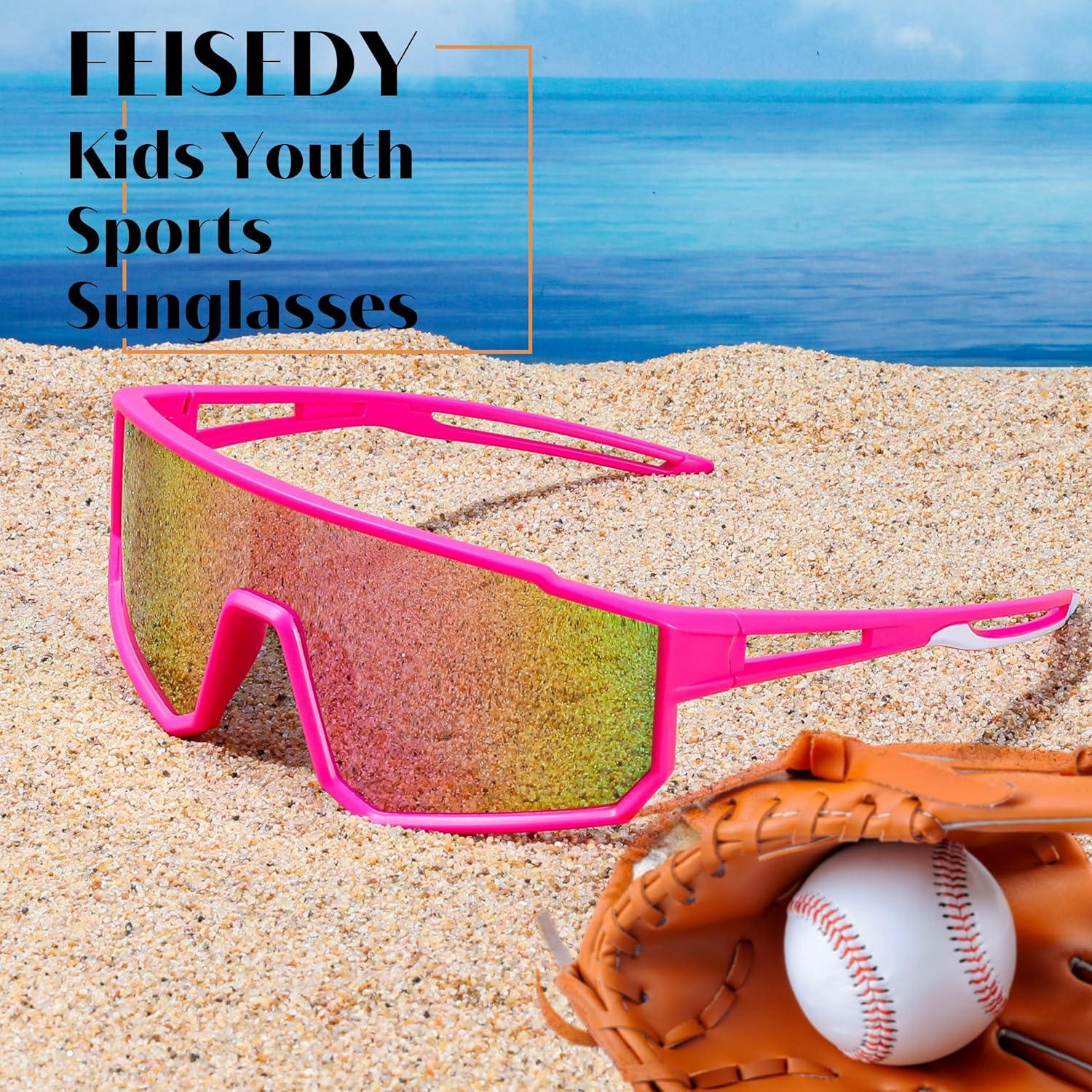 image:imageFEISEDY Kids Sunglasses Polarized Youth Baseball Sunglasses Sports Cycling Glasses UV400 for Boys Girls B4163Pink FramePink Mirrored Lens