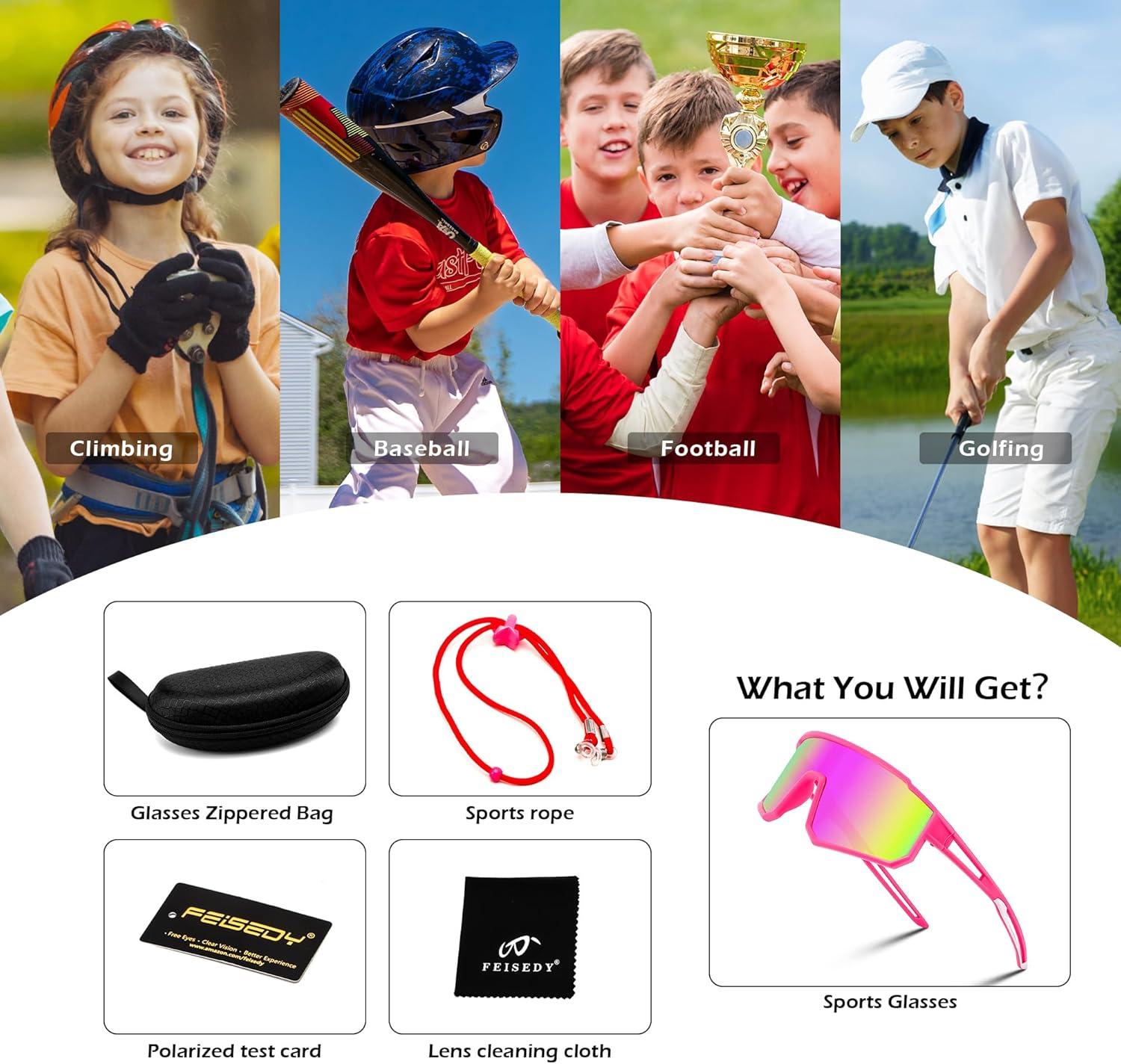 image:imageFEISEDY Kids Sunglasses Polarized Youth Baseball Sunglasses Sports Cycling Glasses UV400 for Boys Girls B4163Pink FramePink Mirrored Lens