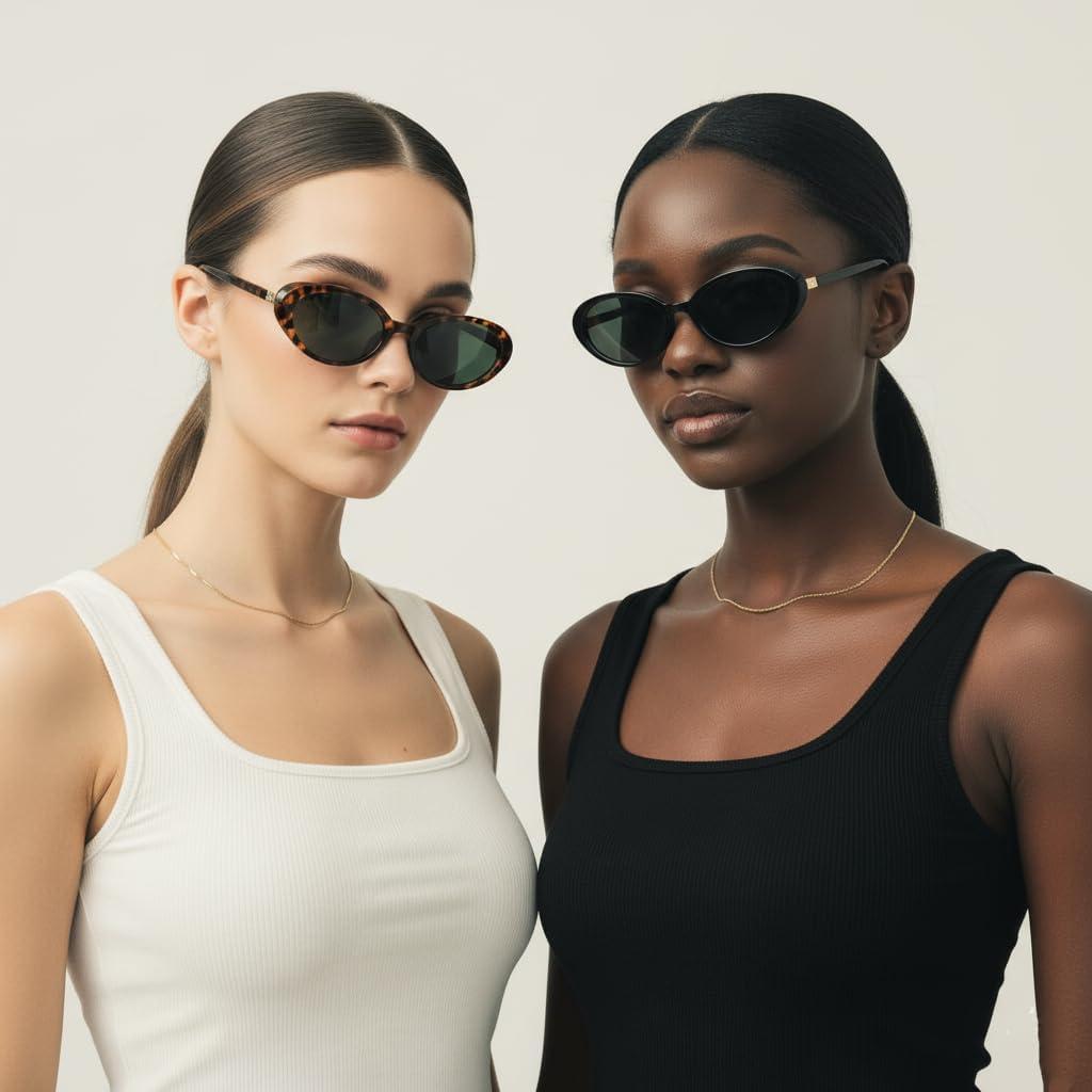image:imageFEISEDY Retro Oval Cateye Sunglasses for Women Men Fashion Small 90s Style Vintage Shades B41802 Pack Black Leopard