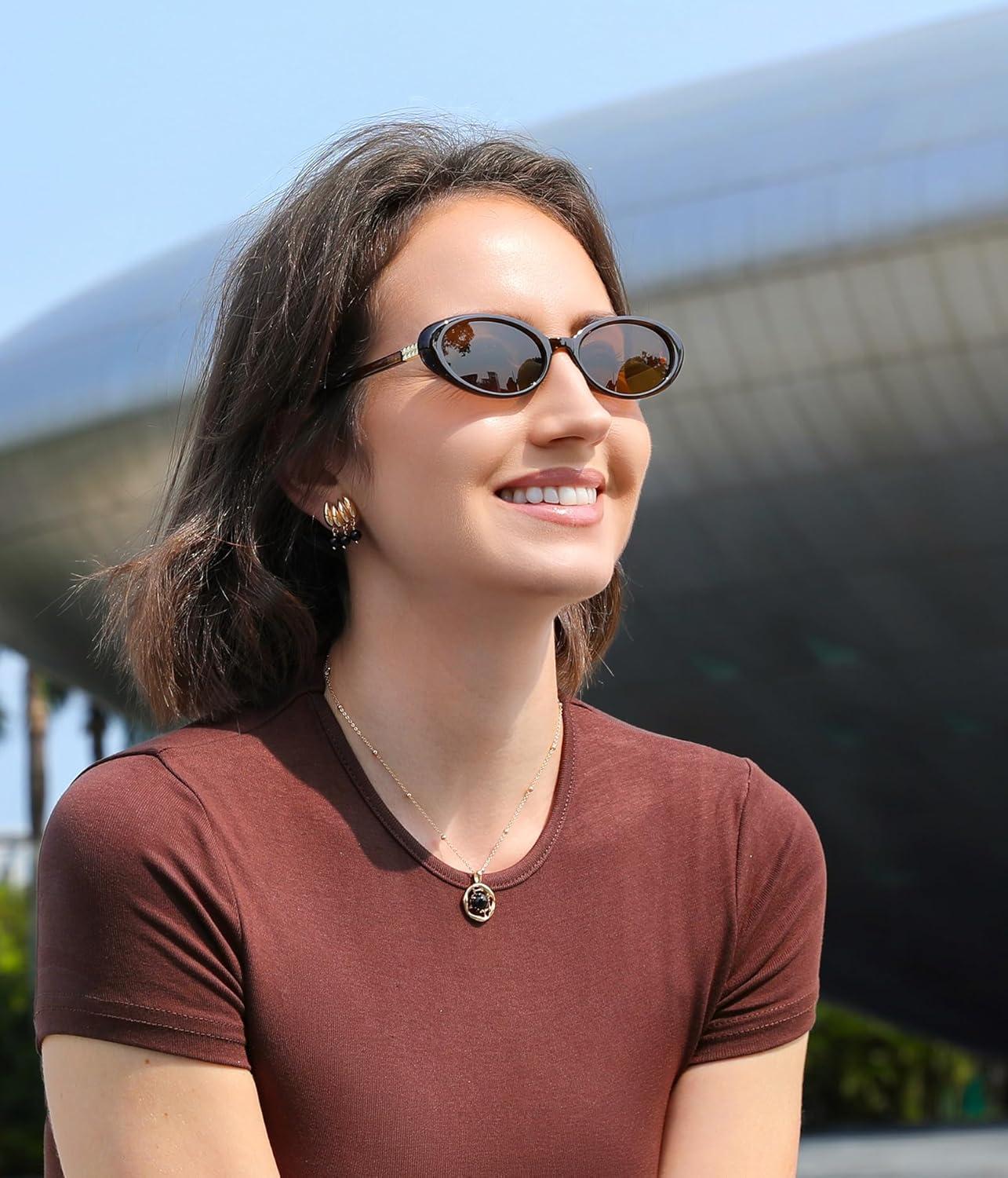 image:imageFEISEDY Retro Oval Cateye Sunglasses for Women Men Fashion Small 90s Style Vintage Shades B41802 Pack Leopard Brown
