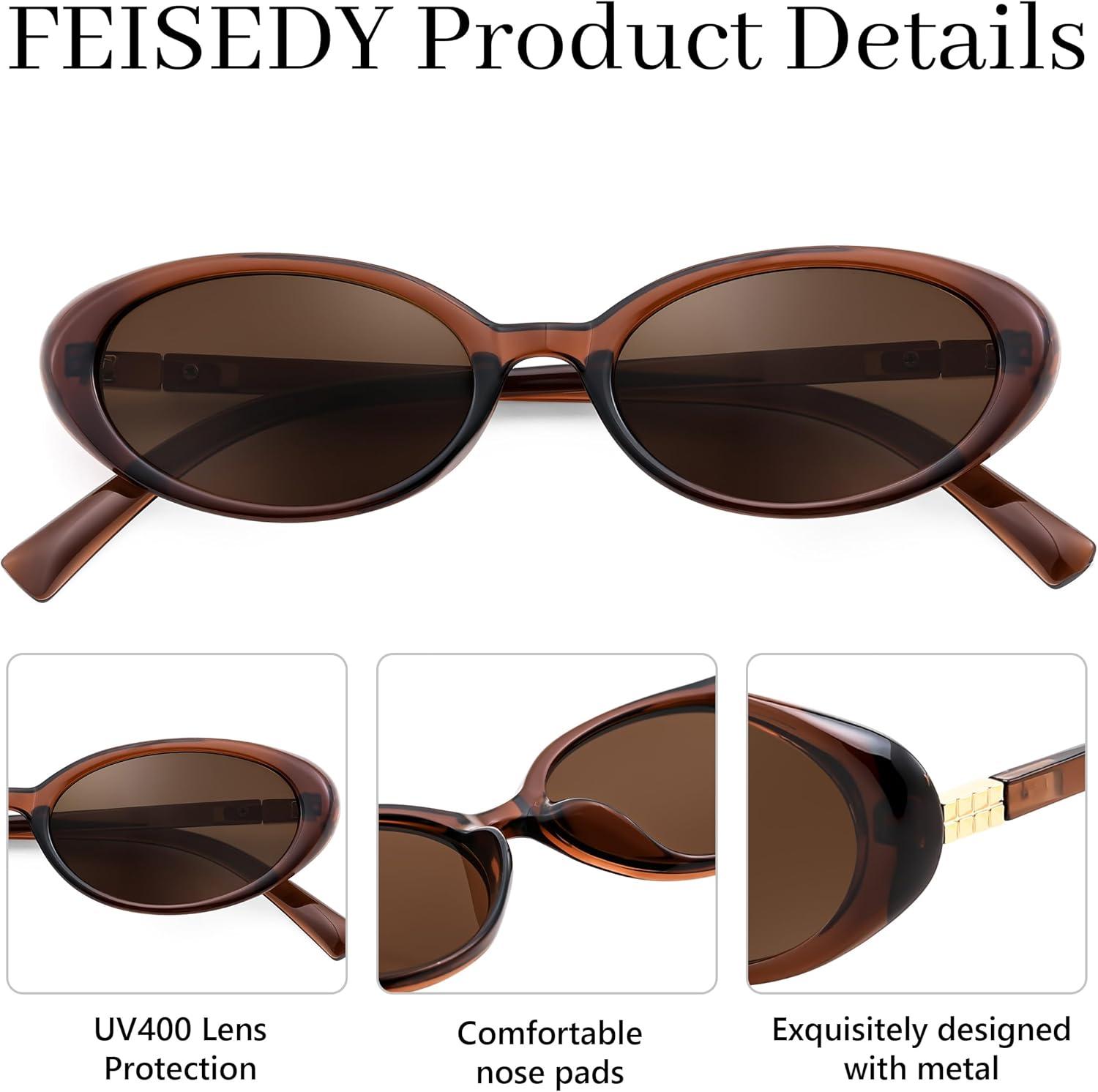image:imageFEISEDY Retro Oval Cateye Sunglasses for Women Men Fashion Small 90s Style Vintage Shades B41802 Pack Leopard Brown