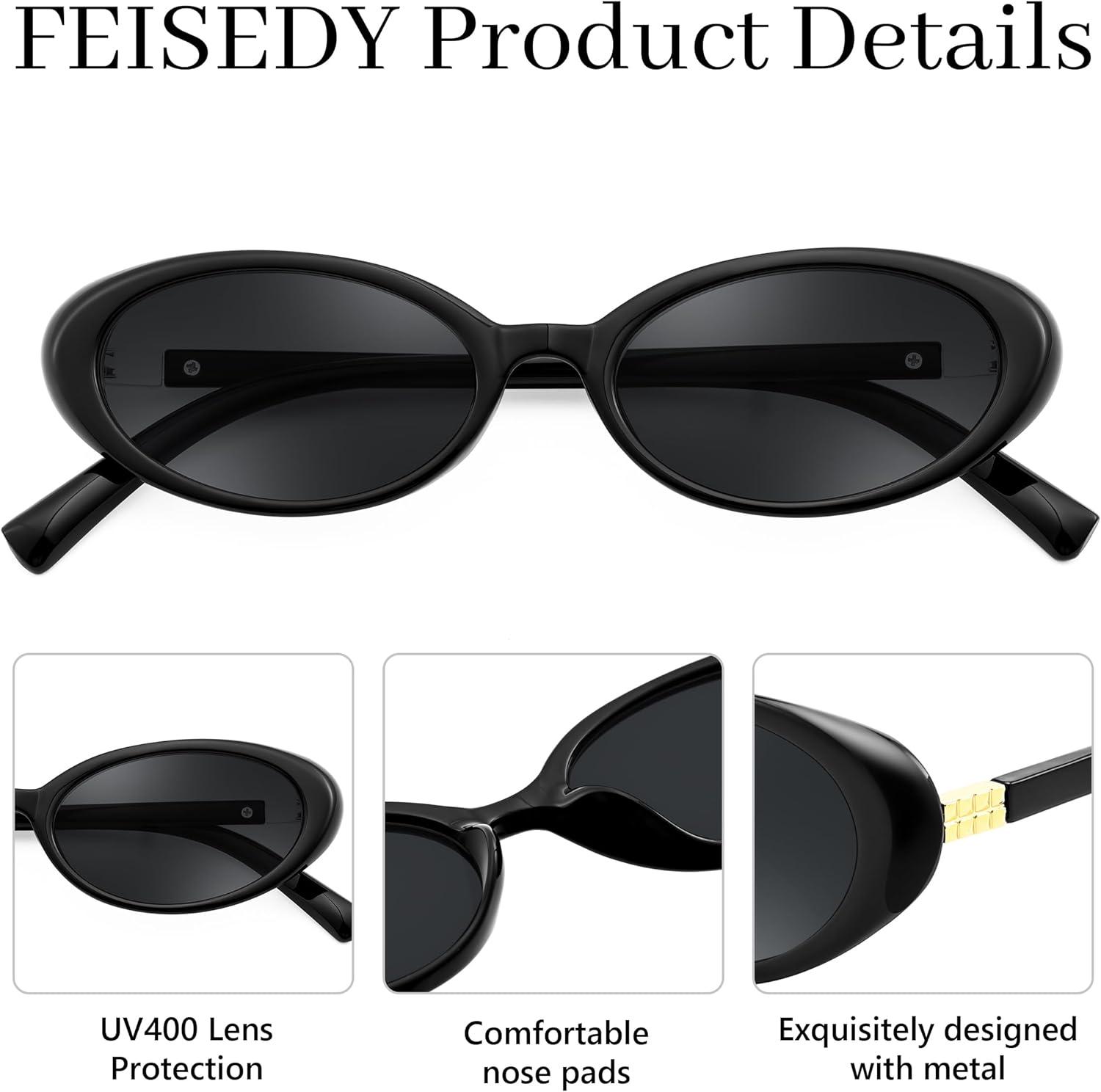 image:imageFEISEDY Retro Oval Cateye Sunglasses for Women Men Fashion Small 90s Style Vintage Shades B4180Black
