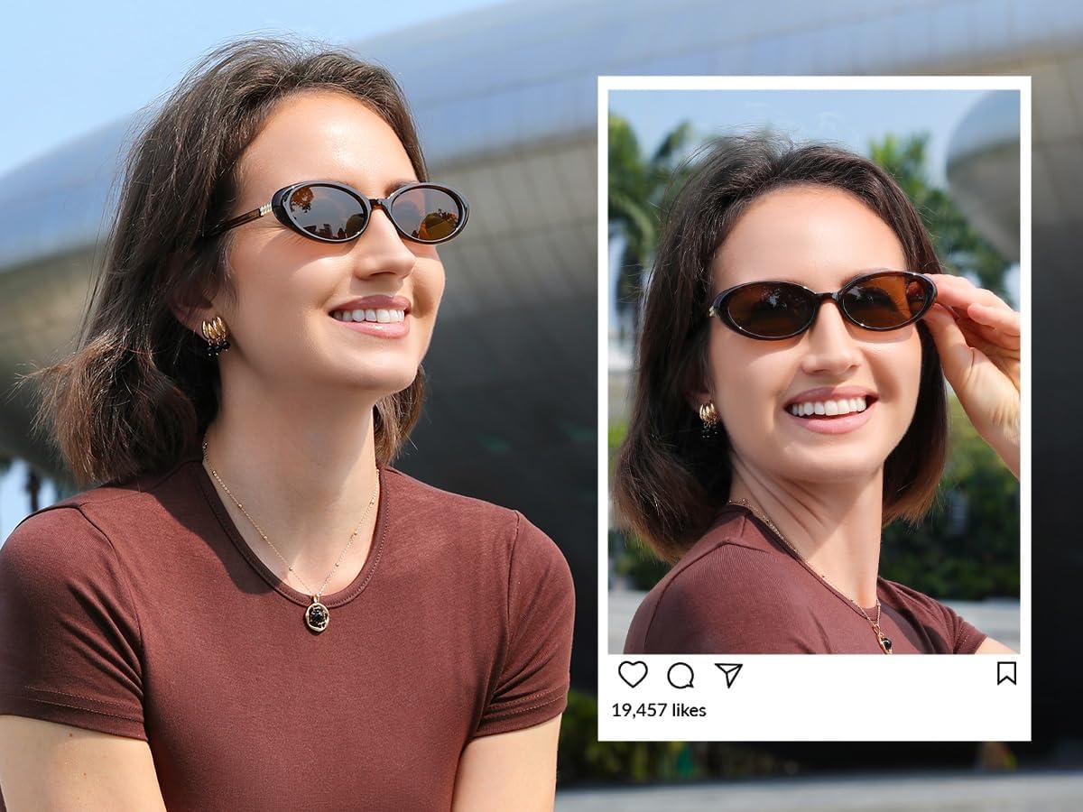 image:imageFEISEDY Retro Oval Cateye Sunglasses for Women Men Fashion Small 90s Style Vintage Shades B4180Brown