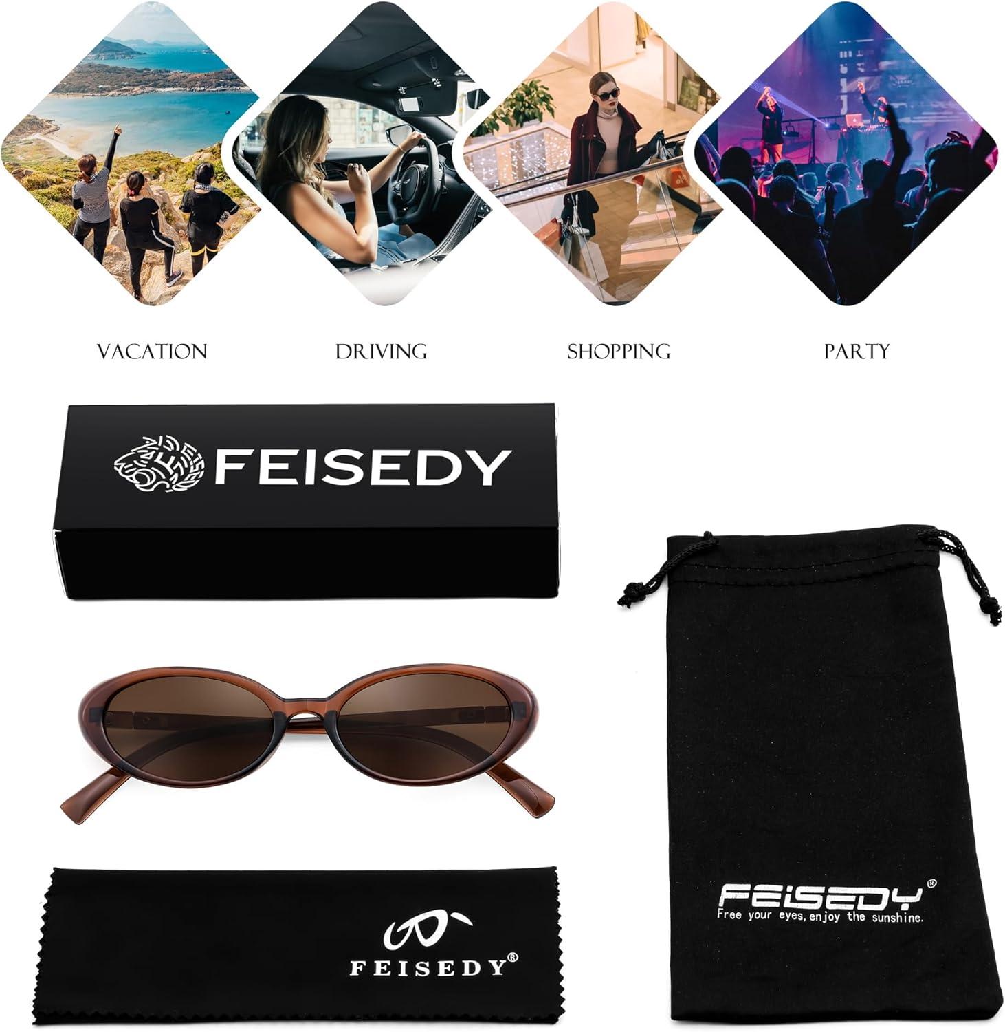 image:imageFEISEDY Retro Oval Cateye Sunglasses for Women Men Fashion Small 90s Style Vintage Shades B4180Brown