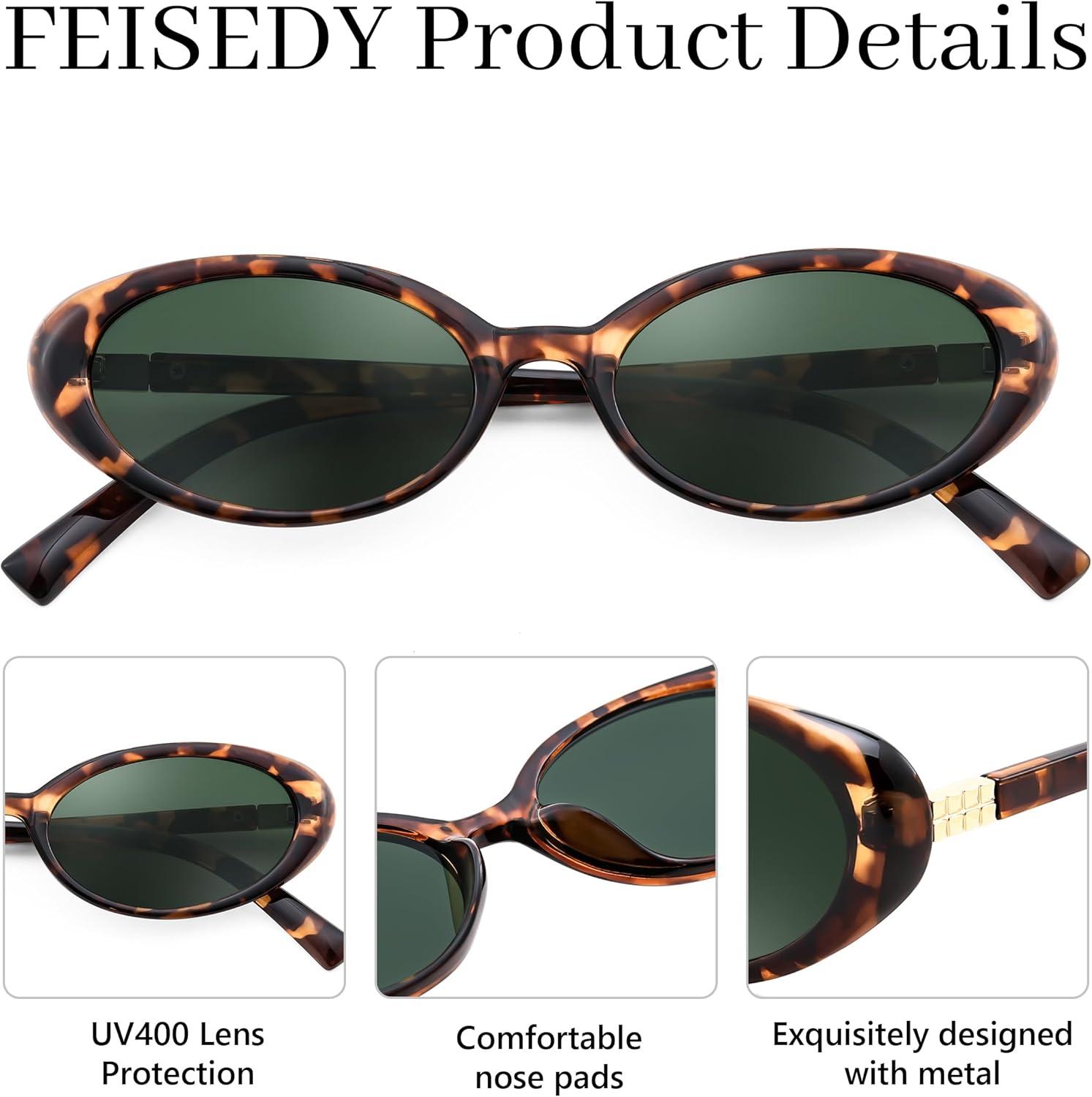 image:imageFEISEDY Retro Oval Cateye Sunglasses for Women Men Fashion Small 90s Style Vintage Shades B4180Leopard FrameGreen Lens