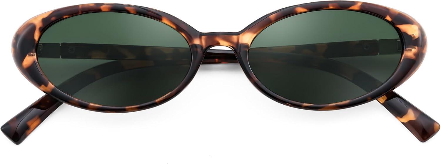 image:imageFEISEDY Retro Oval Cateye Sunglasses for Women Men Fashion Small 90s Style Vintage Shades B4180Leopard FrameGreen Lens