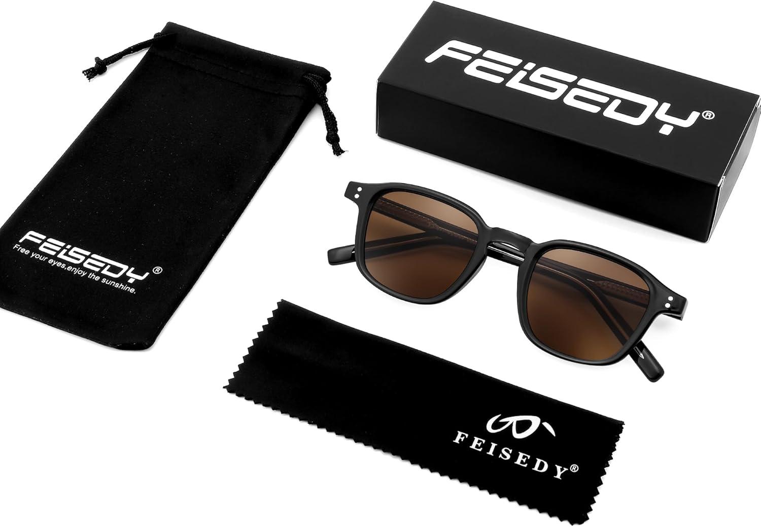 image:imageFEISEDY Retro Square Sunglasses Women Men Vintage Trendy Shades UV400 Protection B0306BlackBrown
