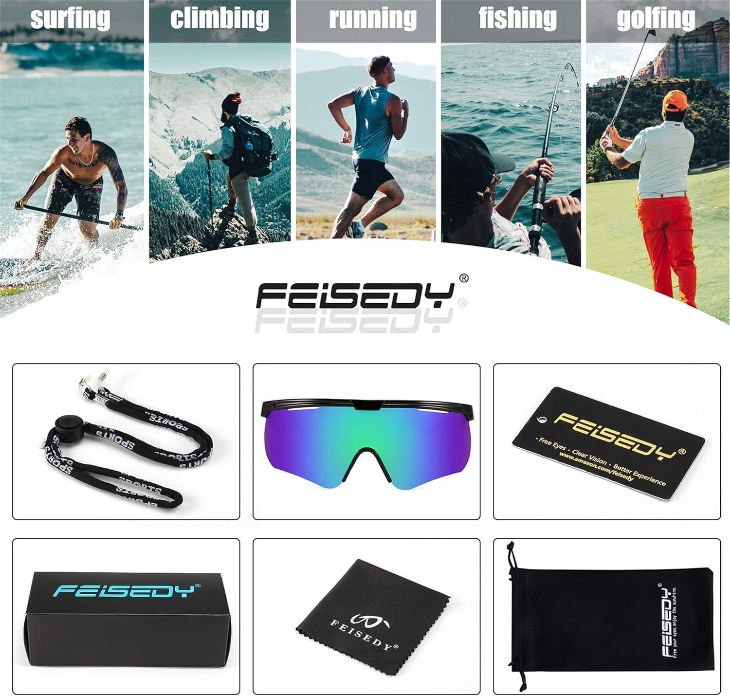 image:imageFEISEDY Sunglasses for Men and Women Polarized Large Retro Rimless Glasses TR90 Frame for Baseball Cycling Sports B4073Black FrameBlue Green Mirror