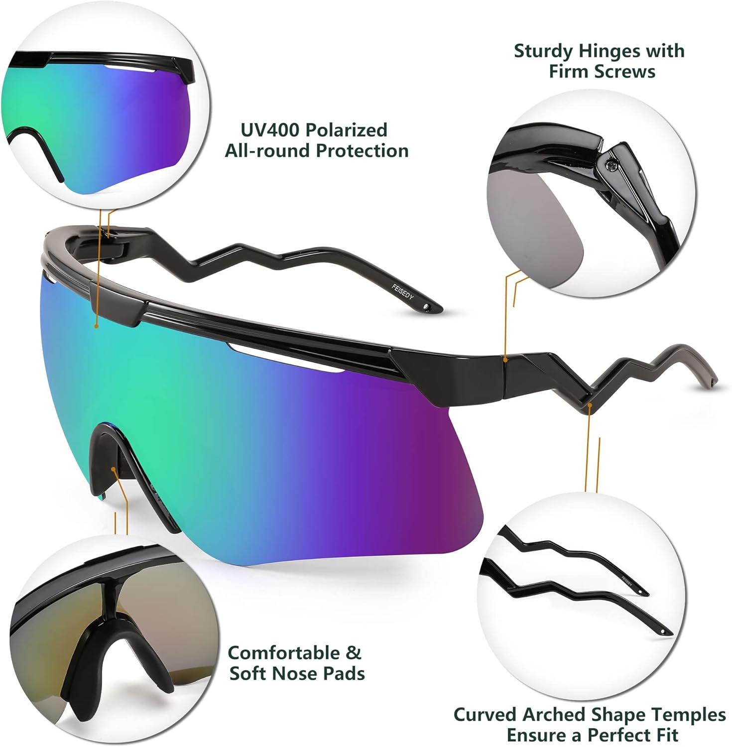 image:imageFEISEDY Sunglasses for Men and Women Polarized Large Retro Rimless Glasses TR90 Frame for Baseball Cycling Sports B4073Black FrameBlue Green Mirror