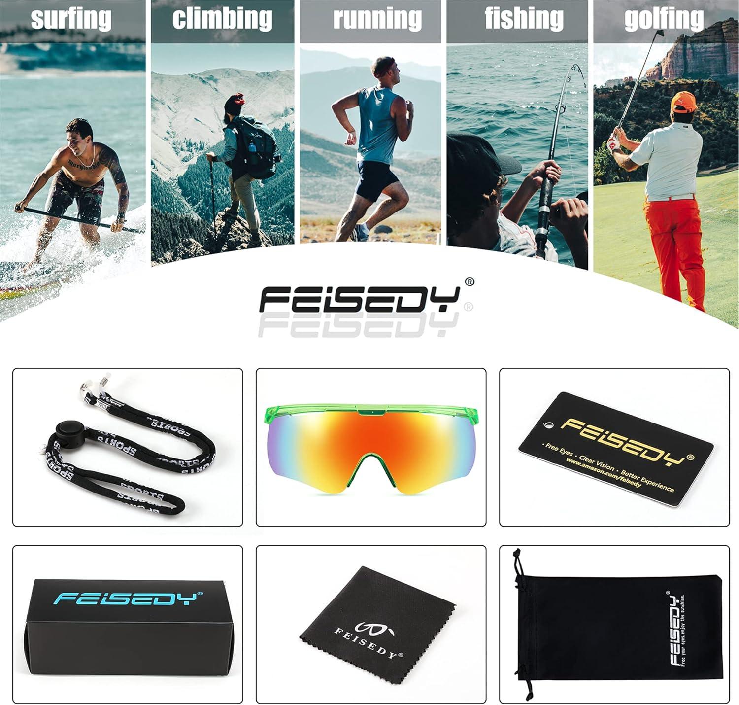 image:imageFEISEDY Sunglasses for Men and Women Polarized Large Retro Rimless Glasses TR90 Frame for Baseball Cycling Sports B4073Transparent Green FrameRed Mirror
