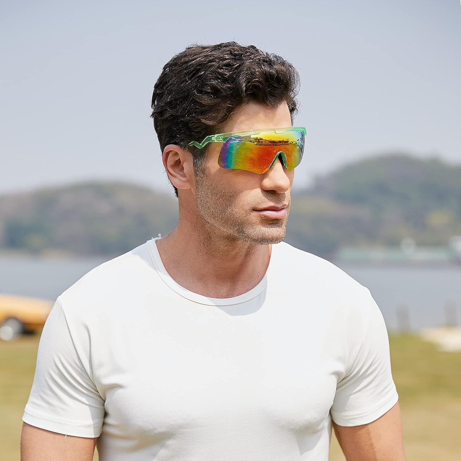 image:imageFEISEDY Sunglasses for Men and Women Polarized Large Retro Rimless Glasses TR90 Frame for Baseball Cycling Sports B4073Transparent Green FrameRed Mirror