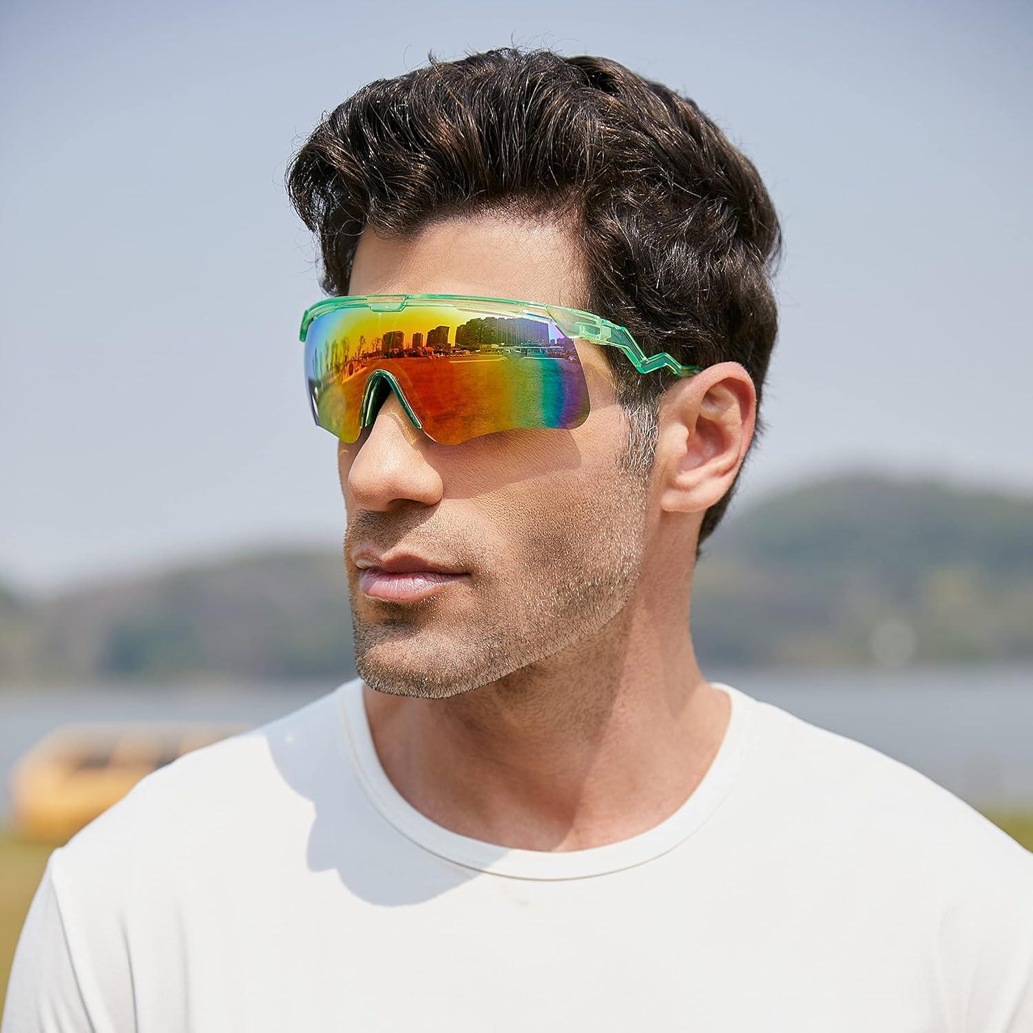 image:imageFEISEDY Sunglasses for Men and Women Polarized Large Retro Rimless Glasses TR90 Frame for Baseball Cycling Sports B4073Transparent Green FrameRed Mirror